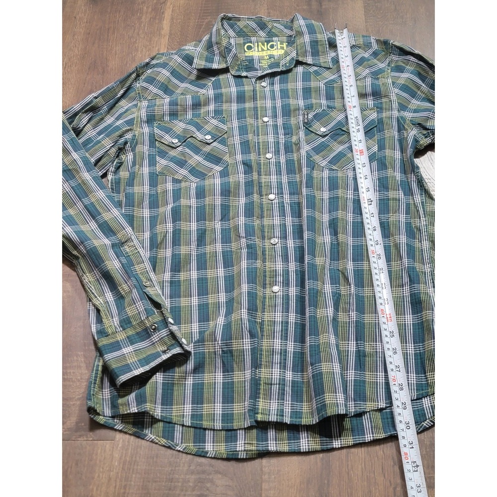Cinch Modern Fit Mens Green Blue Plaid Western Pearl Snap Shirt MTW1301020 M